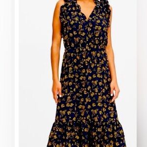 Banana Republic Navy/Yellow Floral Ruffle Trim Crepe Midi Dress